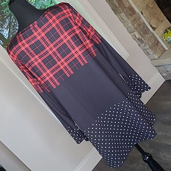 NANU Navy and Red Long Sleeve Soft Top with Plaid Print and Polka-dots - Picture 2 of 8